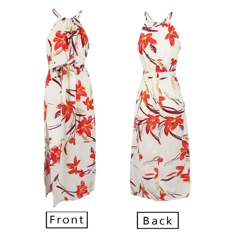 

Women's Summer Boho Beach Holiday Halter Floral Printed High Split Chiffon Maxi Dress
