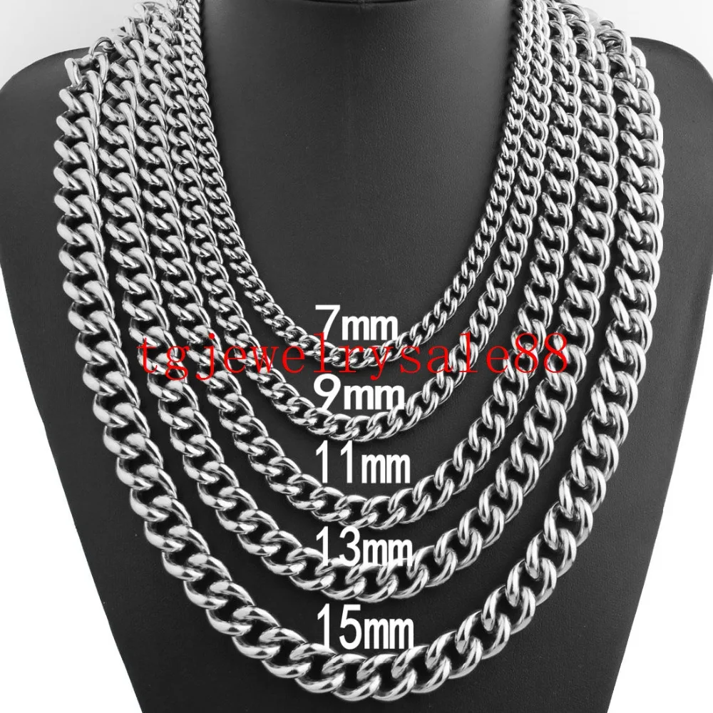 

New Fashion 7/9/11/13/15mm Cuban Curb Link Chain Biker Mens Stainless Steel Polishing Silver Chain Bracelet Or Necklace 7-40"