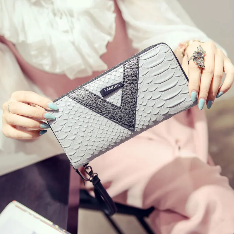 

2016 New Fashion Crocodile Women Leather Wallets Hit Color Patchwork Lady Clutch High Quality Long Wallet Letter Zipper Purses