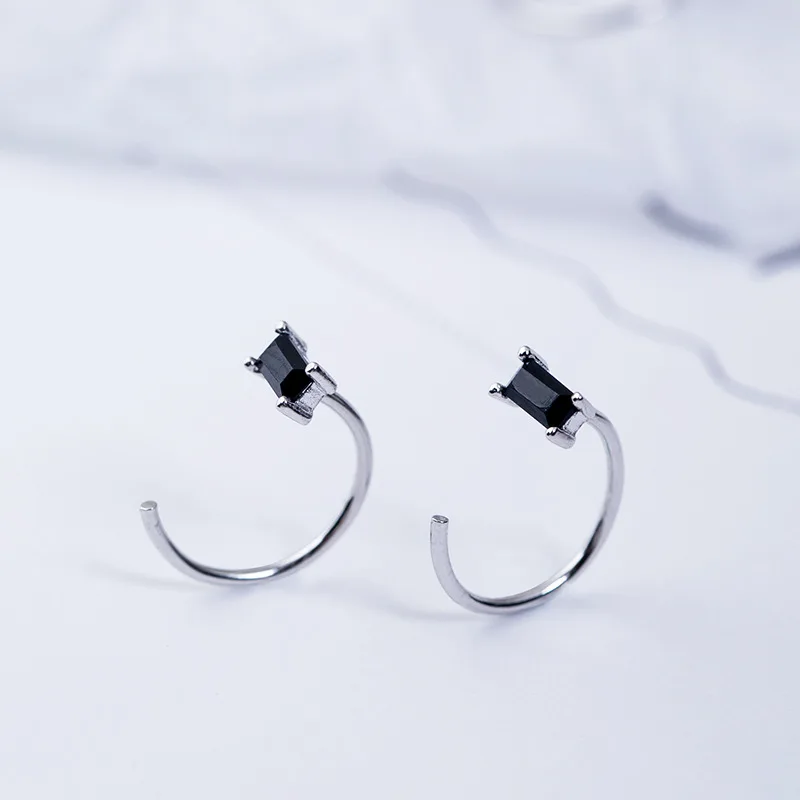square black zircon earring 100% 925 Sterling silver Jewelry fashion Hypoallergenic hoop earrings for women gift