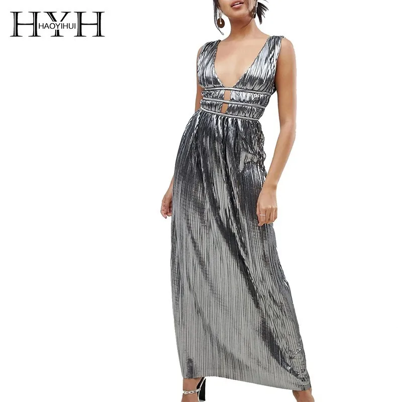 

HYH Haoyihui Femme Summer Stylish Sexy Elegant Party Club Metallic Sheath Solid Color Hollow Out Silver Deep V-Neck Dress