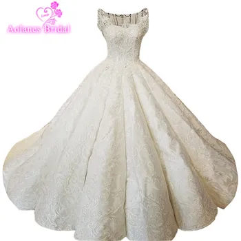 

AOLANES 2018 Natural White Champagne Lace Sleeveless Bridal Gowns Cathedral Train Lace Up Ball Gown Backless Wedding Dresses