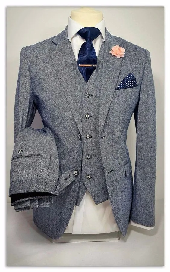 2017 Latest Coat Pant Design Light Grey Tweed Men Suit Slim Fit Skinny