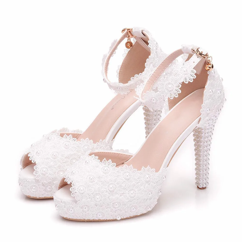 

Women Shoes 11cm Fish Mouth Platform Shoes Woman Thin Heel White Lace Wedding Shoes Bride Dress Pumps Buckle Pearl Large Size 41