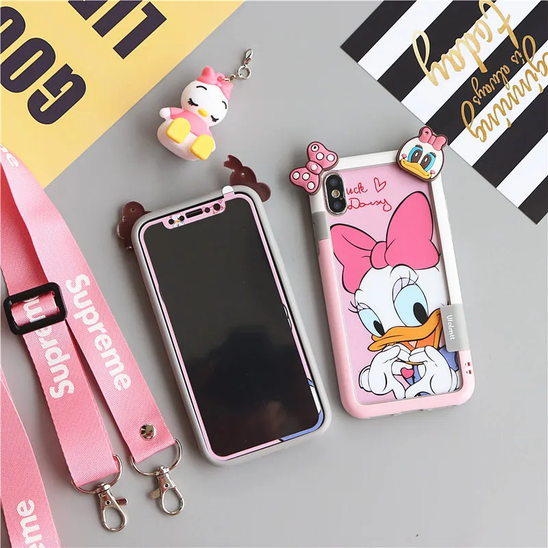 

For iPhone XS max XR X cartoon Tempered Glass Screen film + bumper for iPhone 8 8plus 6 6SP 7 7P daisy donald Fudas +strap+toy