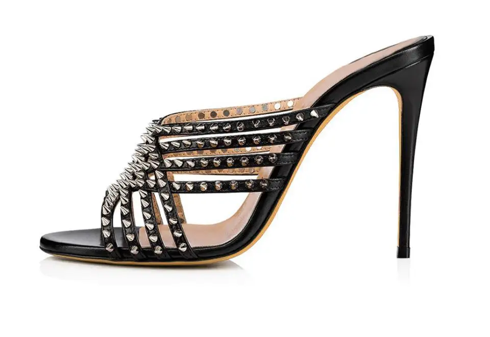 

Rivet Embellished Hollow Mules Slides Studded Open Toe High Heel Sandals Rivet Decor Hot Day Footwear Stiletto Mules Shoes