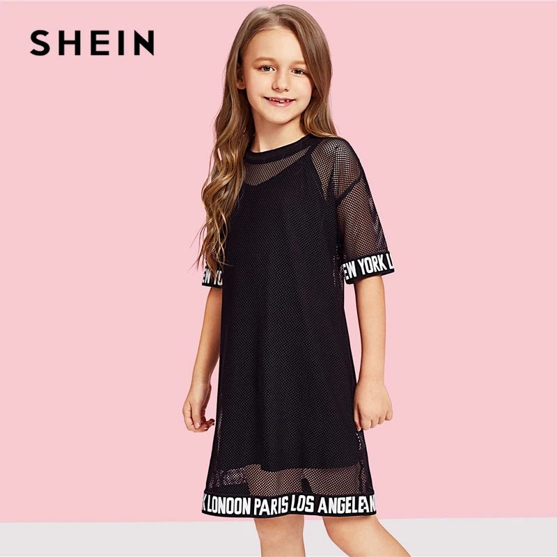 SHEIN/повседневное платье для девочек с надписями и сетчатым подолом; Одежда для девочек; весна г.; корейские прямые Детские платья с коротким рукавом для девочек