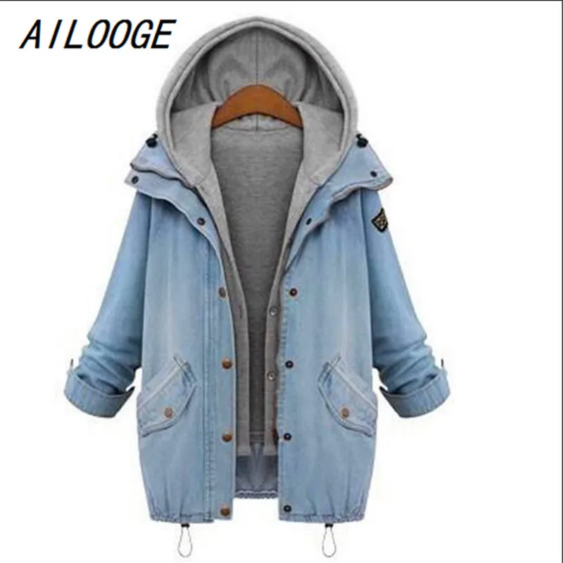 

AILOOGE 2017 Blue Hooded Drawstring Boyfriend Trends Jean Swish Pockets Two Piece Outerwear Women Long Sleeve Buttons Coat