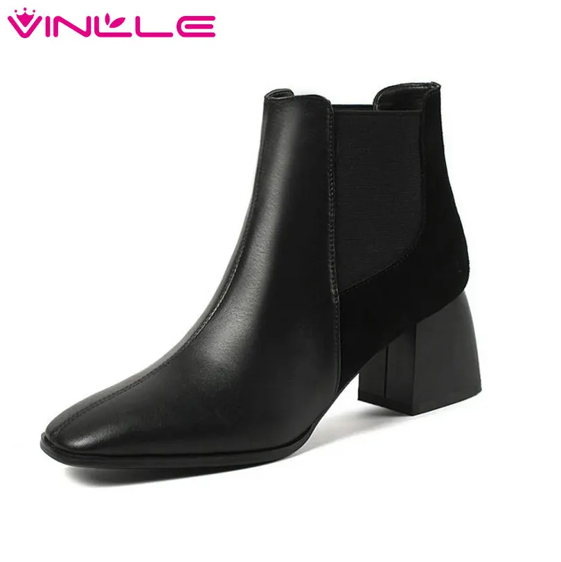 

VINLLE 2019 Women Shoes Ankle Boots High Heel Elegant Fashion Pointed Toe Leather+PU Apricot Ladies Motorcycle Shoes Size 34-43