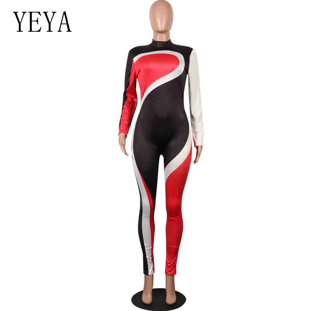 YEYA Big Size Patchwork Women Runway Jumpsuit Autumn Winter Casual Turtleneck Long Sleeve Fit Rompers High Street Sexy Overalls 