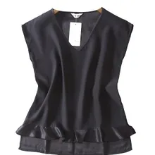 Элегантная женская шелковистая шелковая однотонная атласная летняя новая черная модель с v-образным вырезом и футболкой