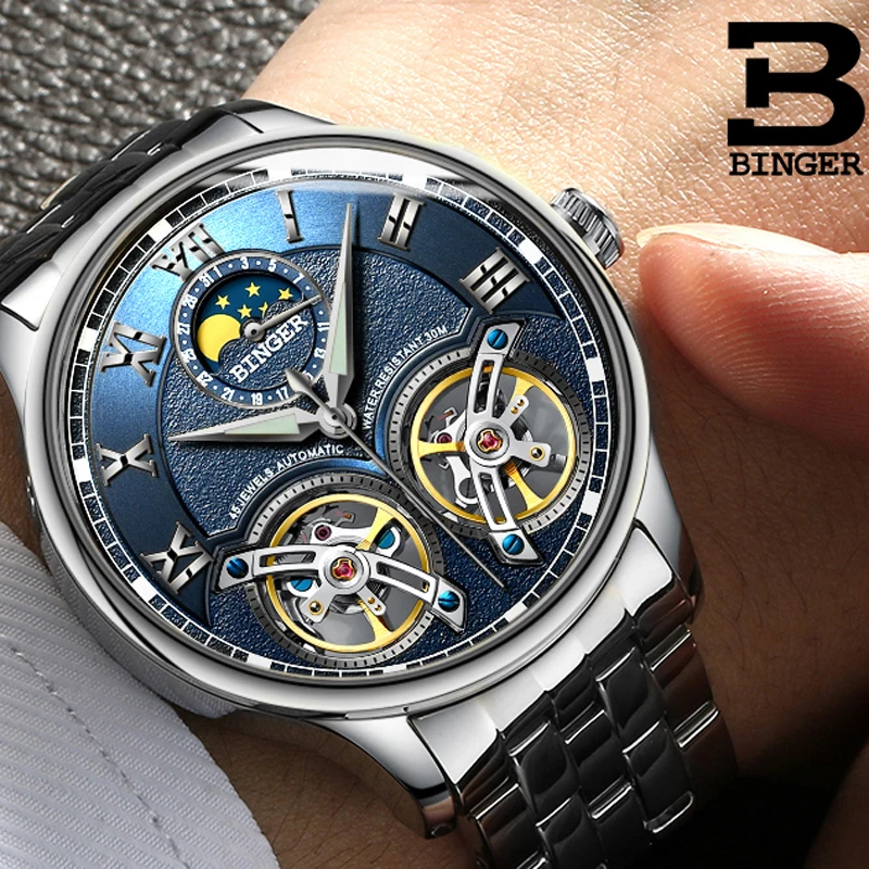 Skup Podwójne Tourbillon szwajcaria marki zegarki BINGER oryginalny automatyczny zegarek męski self wiatr mody mężczyzna zegarek mechaniczny