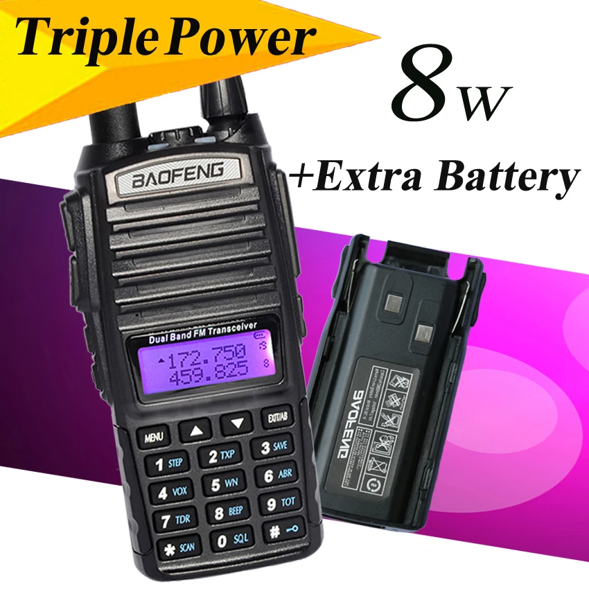 BaoFeng UV-82 8w UV-82HX Portable Radio 10KM Walkie Talkie, Sister amateur radio baofeng uv-5r for hunting radio +Extra Battery