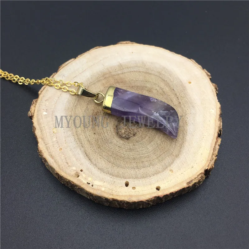 MY0848 Purple Quartz Horn Tusk Amethysts Pendant Necklace with Pure Gold or Silver Color Cap And Chain (4)