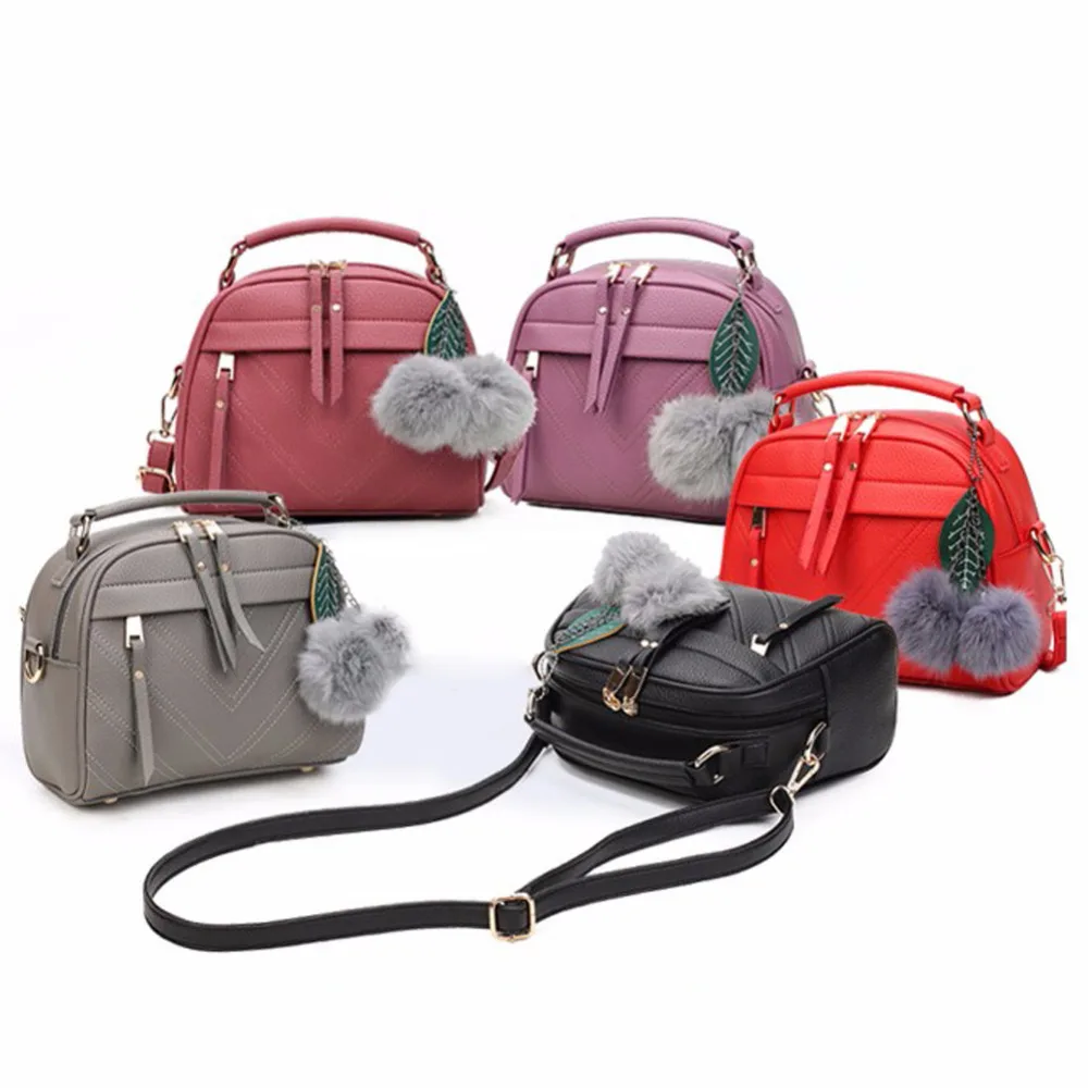 

Women Messenger Handbag PU Leather Leaf Satchel Sling Bags Fashion Female Shoulder Crossbody Bag with Fur Ball Bolsa Feminina