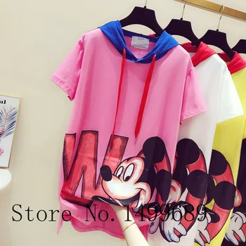

Medium-long Loose Female Pullovers Top Printing Cartoon Short Sleeve Hooded Top Color Block Women Basic T-shirts Casual