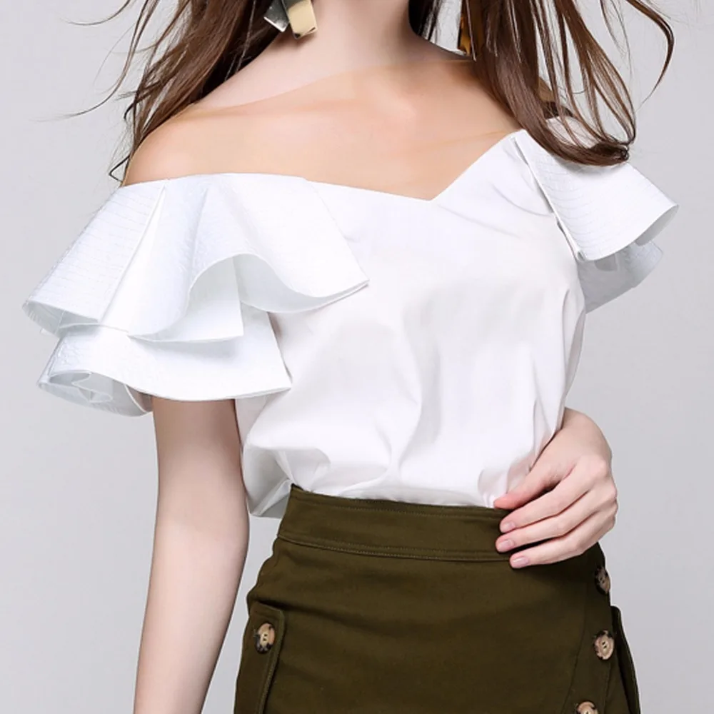 Ruffles Slash Neck Backless Womens Blouses Top Tees Shirt_7