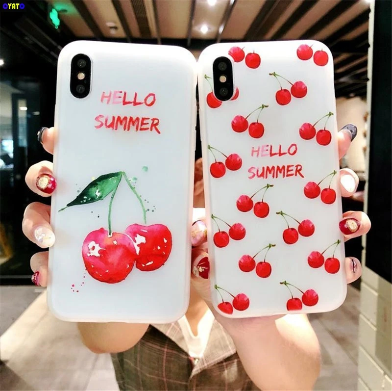 

Cyato Case For iPhone 8 case Lovely Cartoon Relief Cherry Fruit Painted back cover For iPhone 6 6s 7 Plus X Matte Soft TPU capa