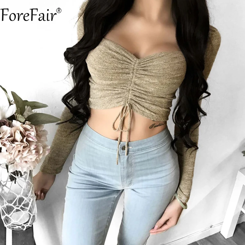ForeFair, сексуальный бодикон, длинный рукав, короткий топ, для женщин, осень, женская, шнуровка, шнурок, без бретелек, зимняя женская рубашка