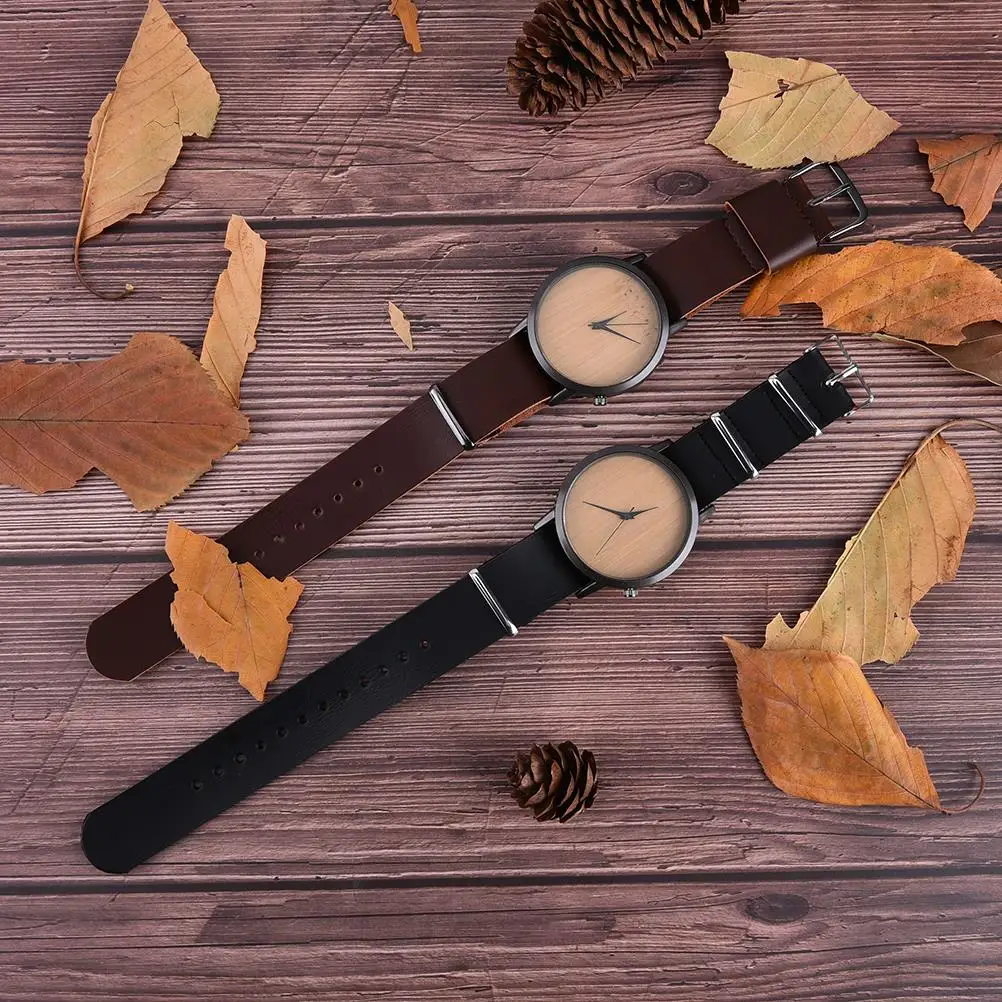 Creative Wooden Watches Quartz Watch Men Bamboo Modern Wristwatch Analog Nature Wood Fashion Soft Leather Gifts