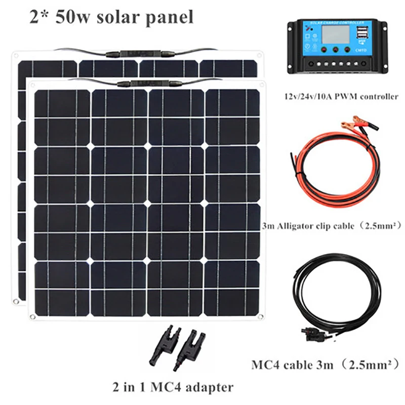 50W flexibles Solar Panel kits Solar Cells MC4 Cable+10A Controller 12v Charging