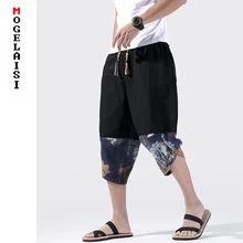 Дропшиппинг, шорты до колена, мужские новые лен, хлопок, мульти-карман, эластичный пояс, Свободные повседневные шорты, черные штаны, QT3023-K91