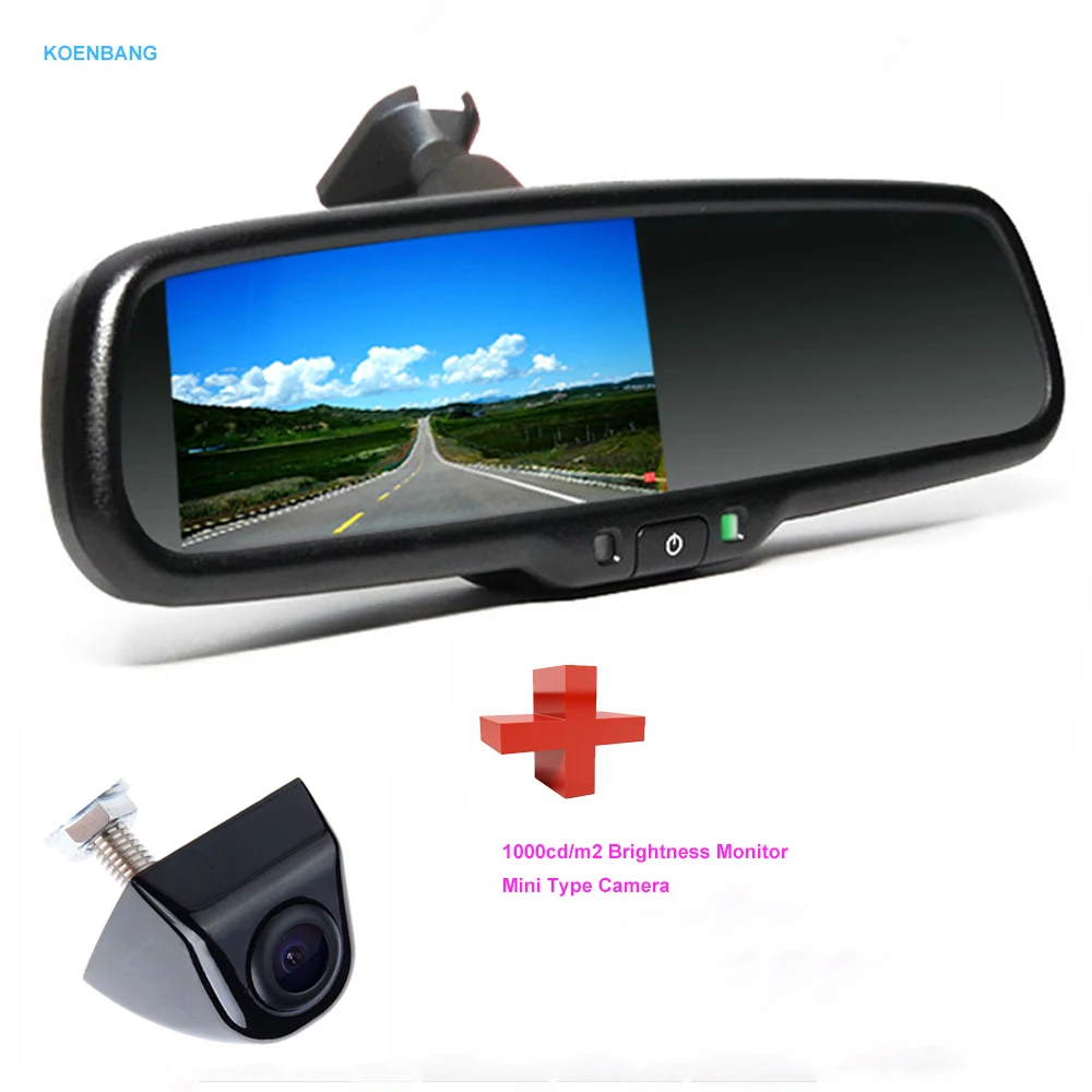 

KOENBANG 4.3" TFT LCD Car Rear View Mirror Monitor 1000cd/m2 2-way Video Input + Rear View Camera Reverse Auto Camera