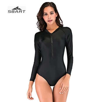 

SBART Black Long Sleeve Swimsuit for Women Ladies High Cut One piece Short Rash Guard Quick Dry UV Protection Front Zip Bathsuit