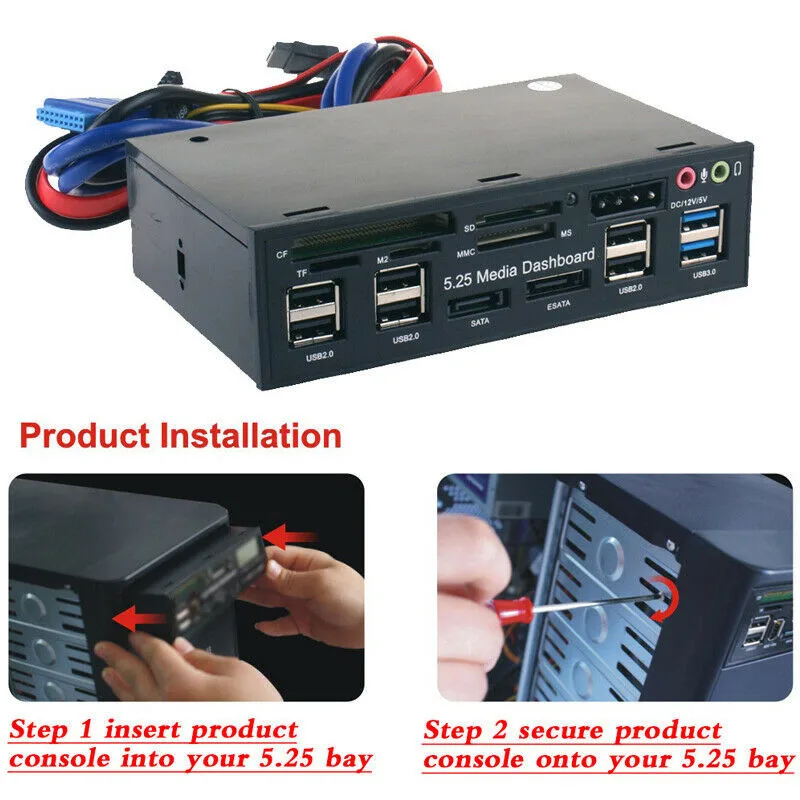 

PYMH PC Internal Card Reader USB 3.0 e-SATA Port 5.25" Media Dashboard Front Panel BT