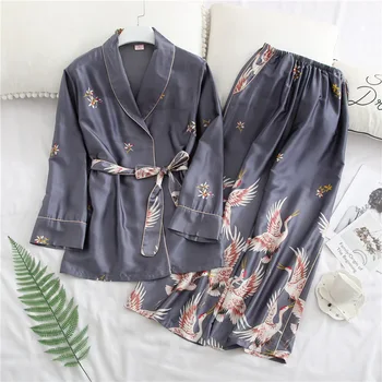 

Pyjamas Women Autumn Spring Pijamas Set Sexy Silk Feeling Sleepwear Lace Pajamas For Women Pijama Feminino Leisure Home