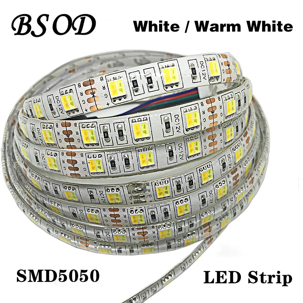 

BSOD SMD5050 LED Strip DC12V White and Warm White 60pcs/meter 300leds/roll Waterproof IP65 Flexible led Light High Quality