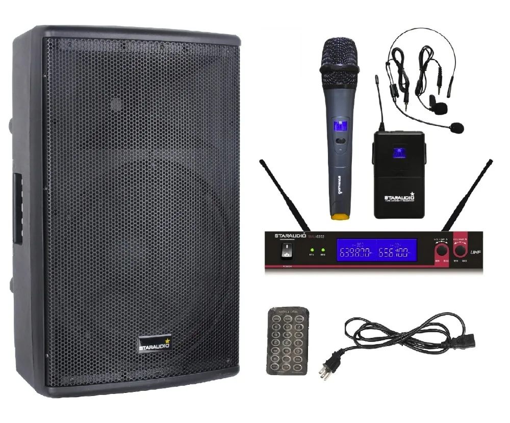 

STARAUDIO Pro 15'' 4000W Powered Active Karaoke Stage Audio BT SD USB Speaker W/ 2CH Wireless Microphones SHD-15