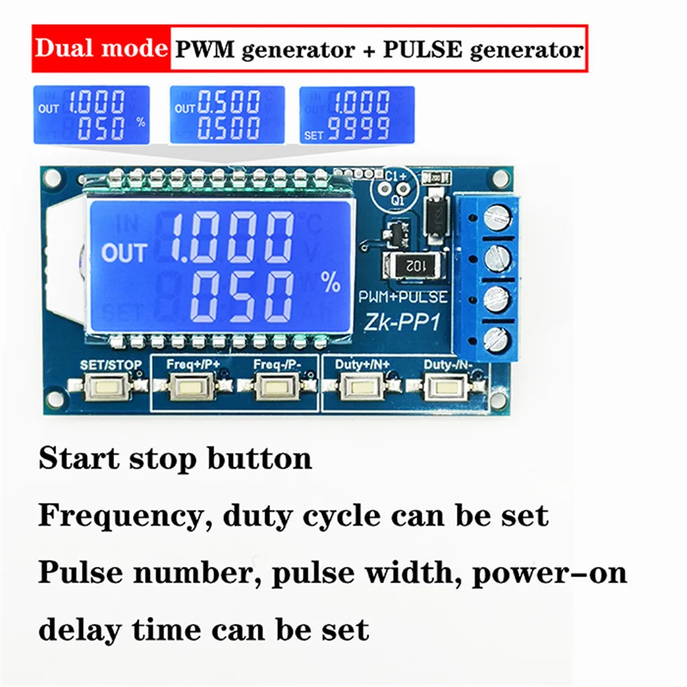 

Dual mode PWM pulse number frequency duty cycle adjustable generator module square wave rectangular wave