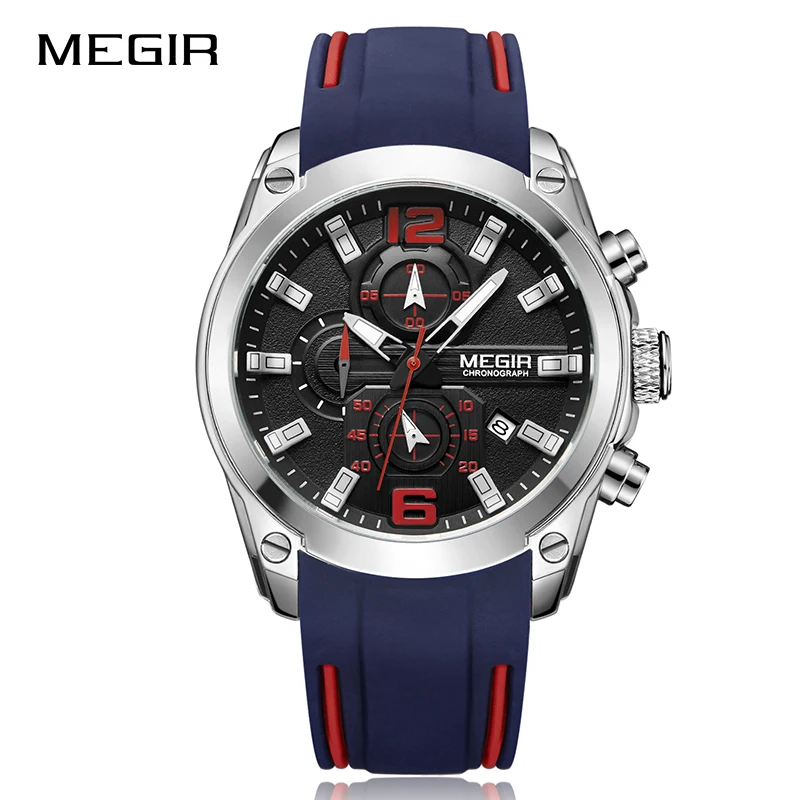 MEGIR Мужские Аналоговые кварцевые наручные часы с хронографом, светящиеся стрелки, водонепроницаемые силиконовые спортивные часы для мужчин, мужские часы