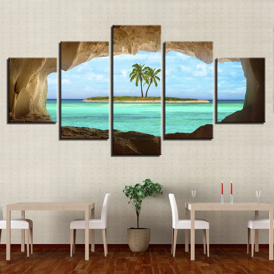 Холсте Pictures Home Decor HD печатает Плакаты 5 шт. пещера вид для кокосового дерева на