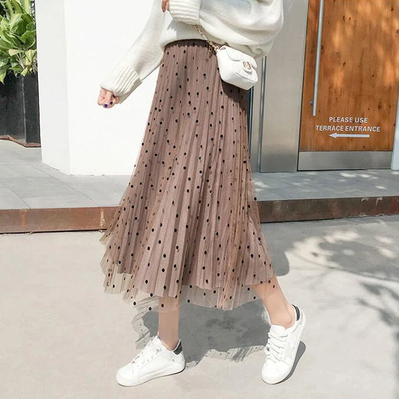 TIGENA Reversible Tulle Velvet Skirt Women Fashion 2019 Spring Elegant Polka Dot Long Skirt Female High Waist Pleated Midi Skirt