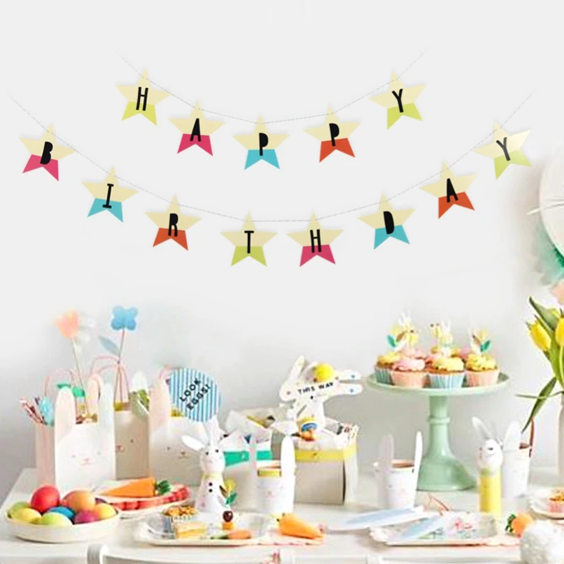

Cartoon Star Happy Birthday Banner Rainbow Baby Girl Boy Garland 1st Birthday Party Decorations Kids Adult Summer Decor