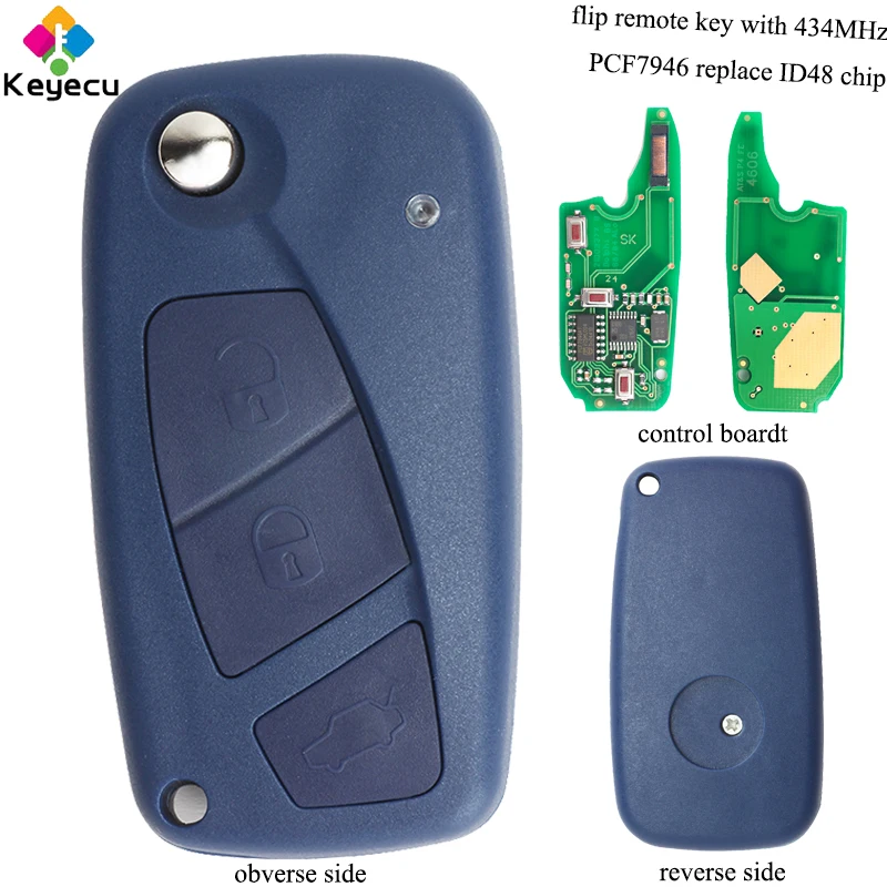 

KEYECU Replacement Flip Remote Key - 3 Buttons & 434MHz & PCF7946 - FOB for Fiat Punto Ducato Stilo Panda Central _ Blue Color