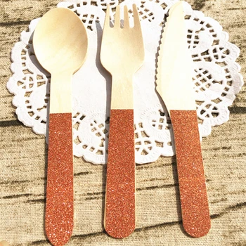 

Free Ship 72pcs Wooden Cutlery Set Glitter Orange Utensils Baking Dessert Party Wooden Spoon Knife Fork for New Year Grand Event