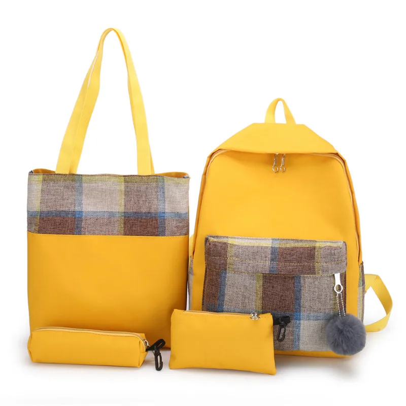 Новые школьные сумки в клетку для девочек, женские дорожные холщовые рюкзаки Deman, комплект из 4 предметов, рюкзак для школы, для девочек-подростков, лоскутные сумки на плечо - Цвет: Yellow