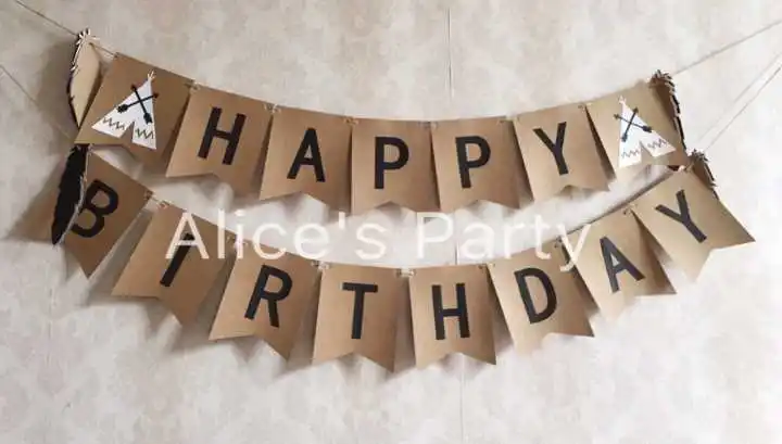 

New Coachella Indian Themed Happy Birthday Banner Teepee Feathers bunting birthday Flag baby First Birthday Party Decorations