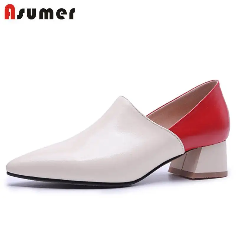 

ASUMER HOT 2018 fashion square heels pumps women genuine leather shoes pointed toe high heels summer shoes ladies dress shoes