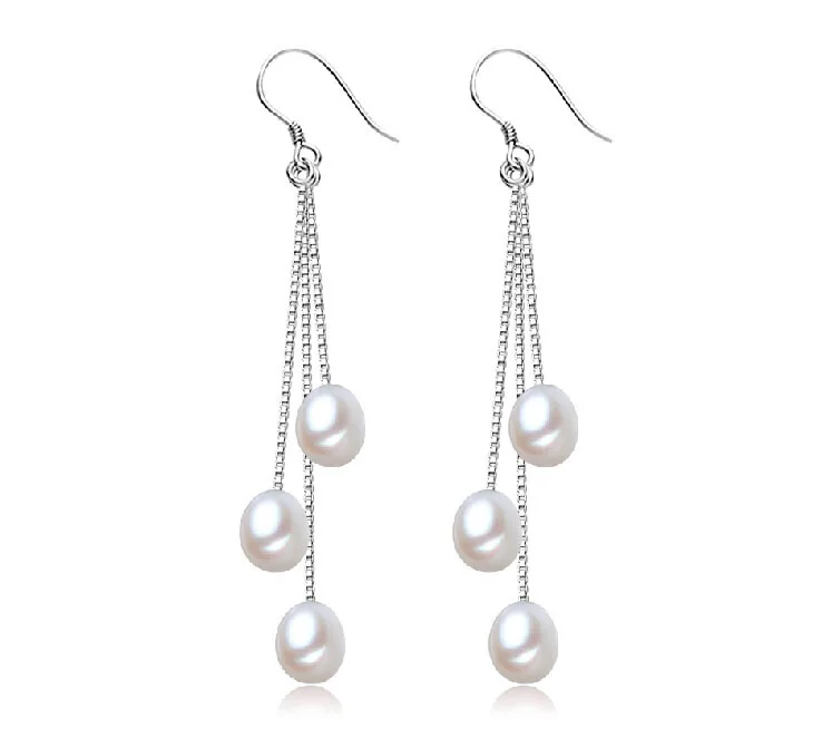 70mm Length 100 Natural Pearl 925 Sterling silver Dangle Earrings