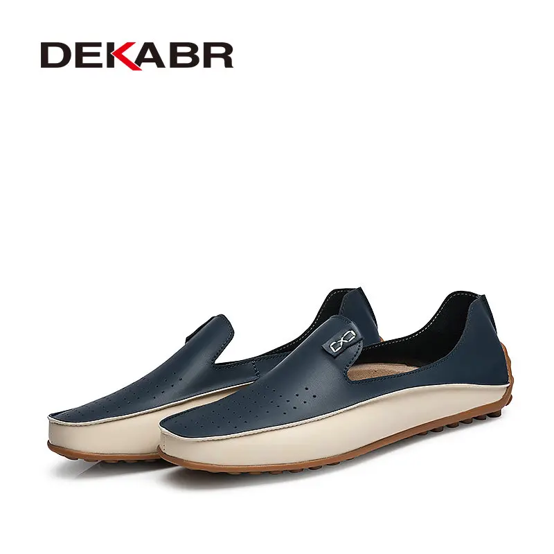 Мужские мягкие модные мокасины DEKABR, синие брендовые воздухопроницаемые повседневные туфли из натуральной кожи, на плоской подошве, большие размеры 36-47, лето - Цвет: Hollow Blue