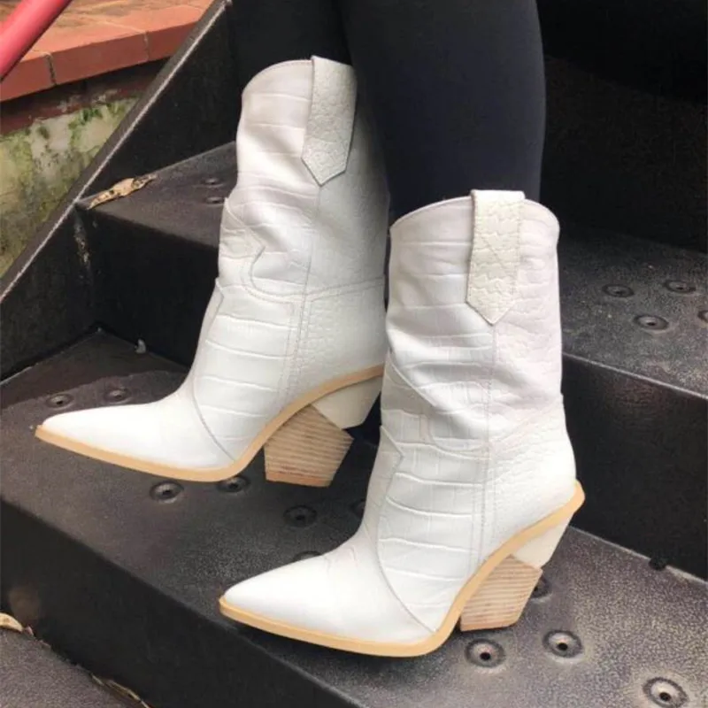 Spring New Cowboy Boots For Women Pointed Toe ankle Boots snake pattern Mid-calf Women Boots Chunky Wedges Boots Runway