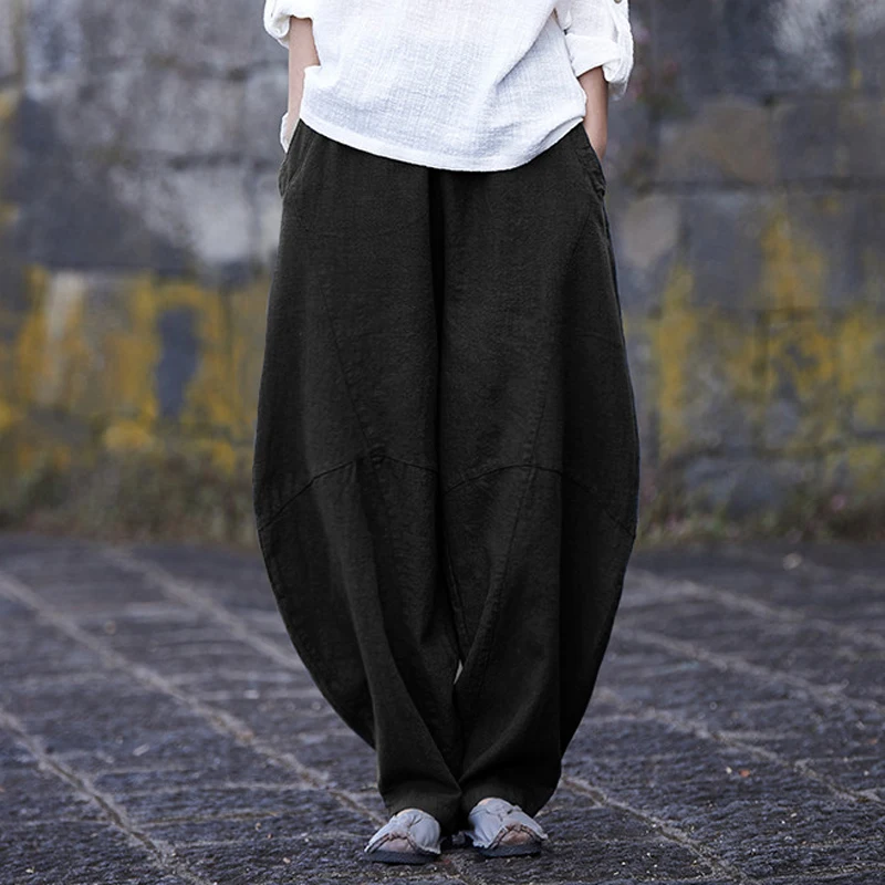 

Vintage Women Casual Solid Color Elastic Waist Trousers Loose Pocket Wide Leg Pants Pantalon Femme