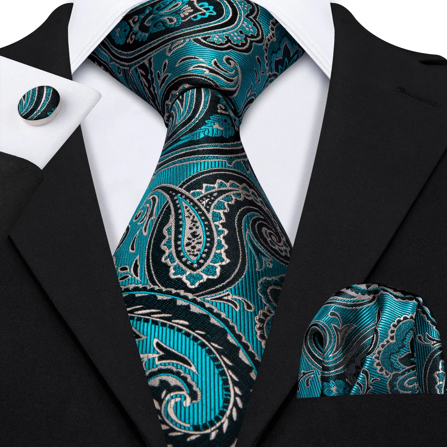 

Barry.Wang Teal Floral Fashion Designer Black Silk Tie Hanky Box Set Gifts For Men Wedding Groom Party Business Neckties LS-5139