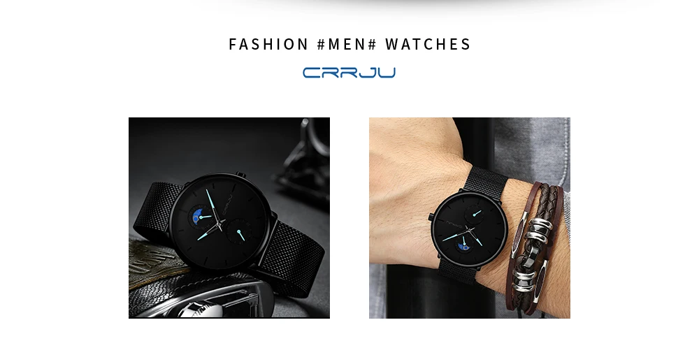 Топ бренд класса люкс CRRJU мужские полностью стальные сетчатые часы простые Стильные черные водонепроницаемые кварцевые наручные часы с фазой Луны Relogio