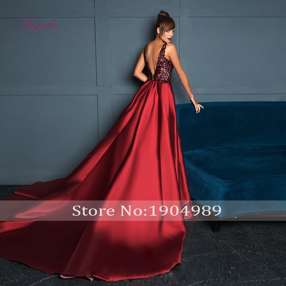 Liyuke A-Line вечернее платье Бисероплетение Аппликации шаблон блестками v-образным вырезом спинки пятно вечернее платье длиной до пола