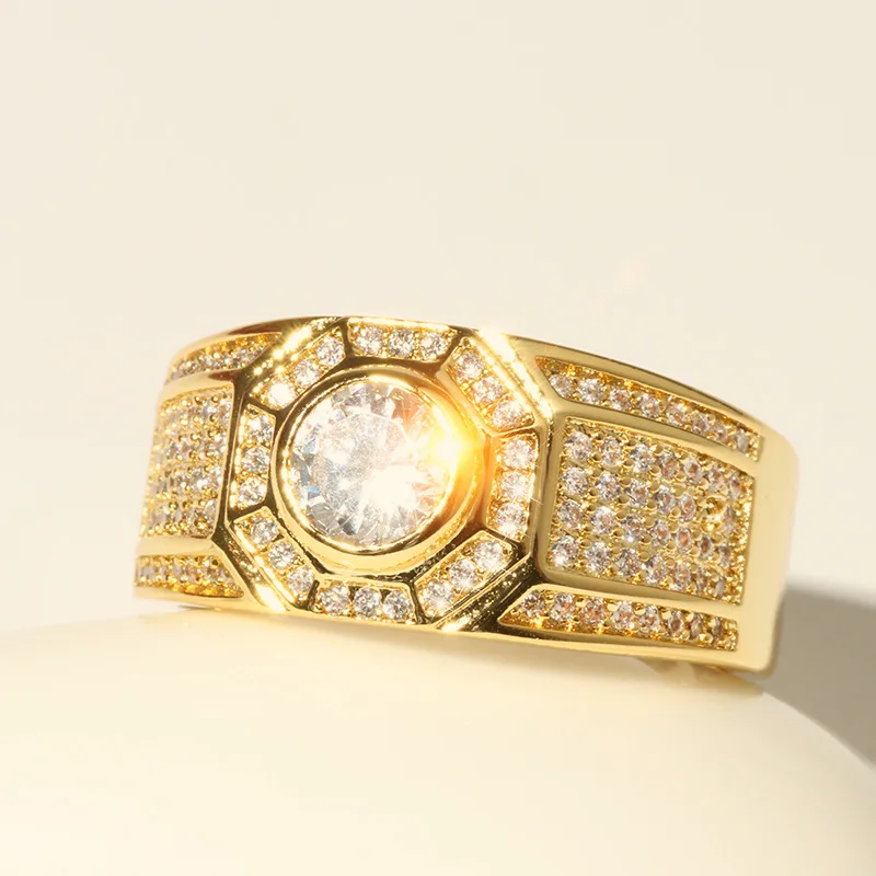 Fashion Gold Color and S925 Sterling Stamp Classic Men's Punk Style Hip Hop Ring Band Cool Gold Crystal AAA CZ Ring Jewelry
